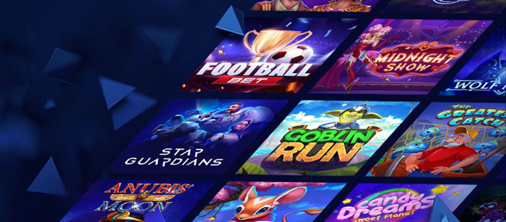 Spielkachel-Collage, Football Bet, Midnight Show, Star Guardians, Goblin Run, Anubis Moon, Candy Dreams, blaue 3D-Optik