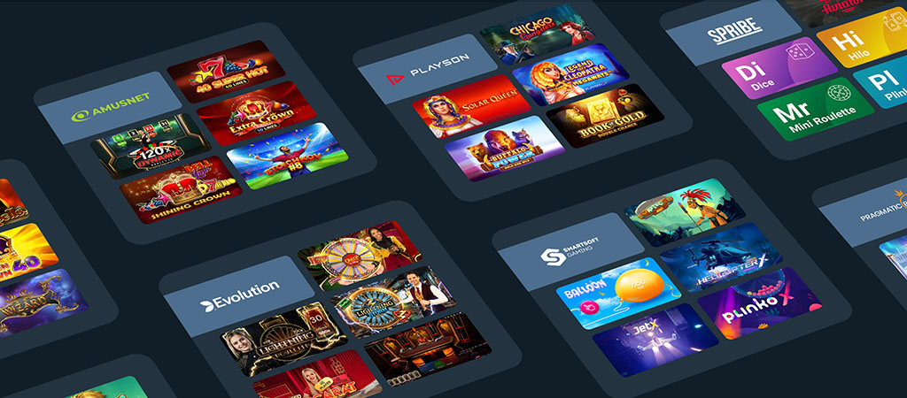 Amusnet, Playson, Spribe, Evolution Live-Dealer, SmartSoft Gaming, Pragmatic Play, Slots, Crash-Spiele, Plinko, JetX, Balloon