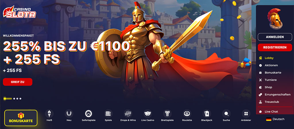 Slota Casino, Bonus, Freispiele, Römischer Krieger, Schwert, Roter Mantel, Online Casino, Deutsche, Registrierung, Lobby