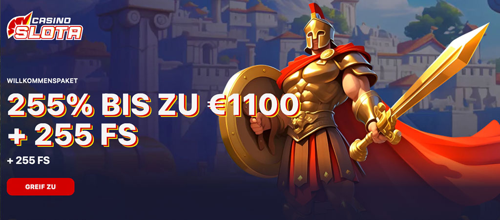 Casino Slota, Willkommenspaket, 255 Freispiele, römischer Krieger, Schwert, Schild, Online-Casino, jetzt spielen