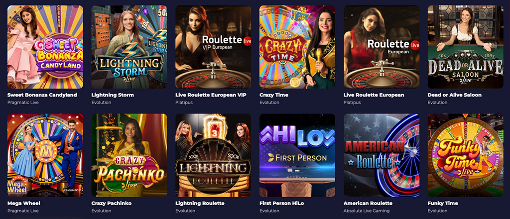 Live Casino Spiele, Sweet Bonanza, Lightning Storm, Roulette, Crazy Time, Mega Wheel, Pachinko, American Roulette, Funky Time