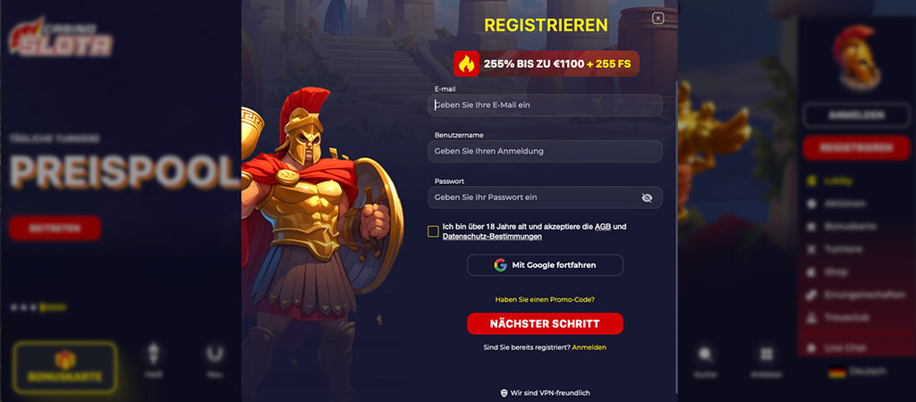 Casino Slota, Registrierung, Bonus, 255 Freispiele, E-Mail, Benutzername, Passwort, Google Login, nächster Schritt, Krieger