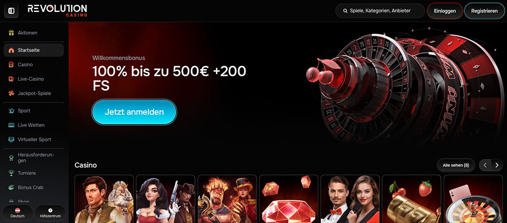 Online Casino, Willkommensbonus, Freispiele, Spielautomaten, Roulette, Menüleiste, Anmeldung, Live-Casino, Bonusspiele