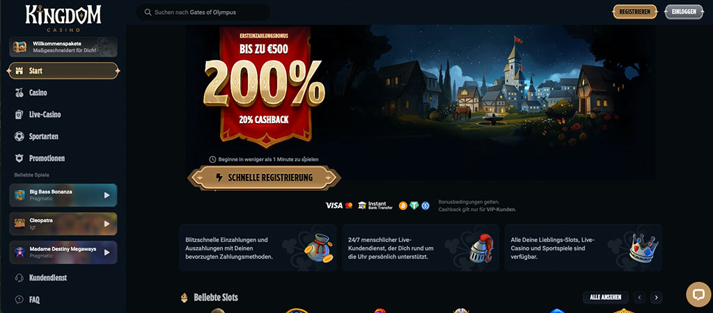 Kingdom Casino, 200 % Bonus, 20 % Cashback, schnelle Registrierung, Lieblingsslots, Live-Casino, Sportwetten, 24/7 Support