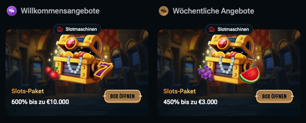 Kingdom Casino, Willkommensangebote, wöchentliche Angebote, Slots-Paket, Schatztruhe, Früchte, Box öffnen