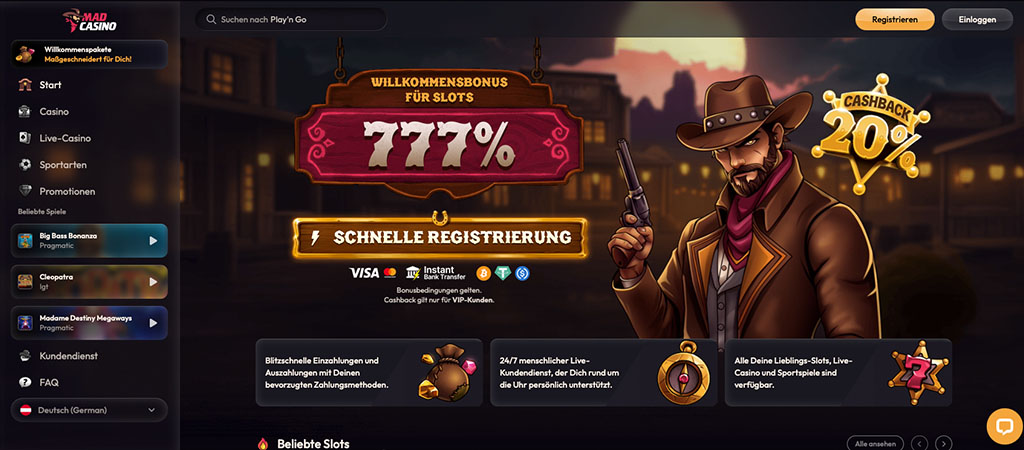 Mad Casino Startseite, Willkommensbonus, schneller Registrieren-Button, Cowboy-Grafik, 20% Cashback, beliebte Spiele, Menü