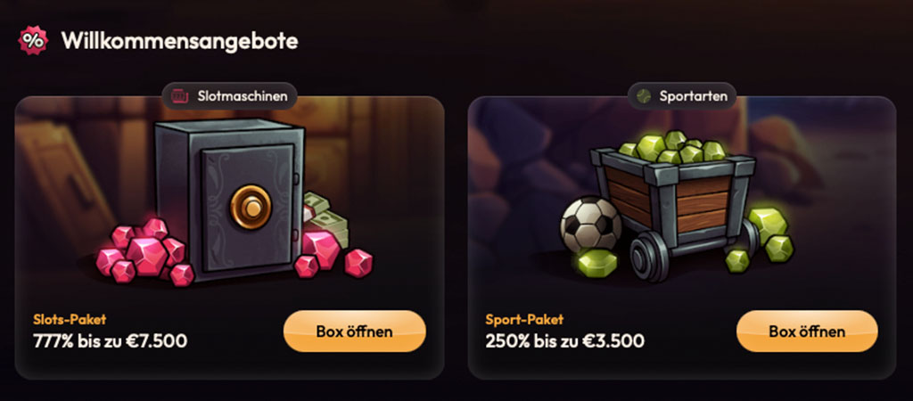 Mad Casino Willkommensangebote, Slotmaschinen-Bonus 777% bis zu 7.500 €, Tresor mit Edelsteinen, Lore mit Ball und Kristallen