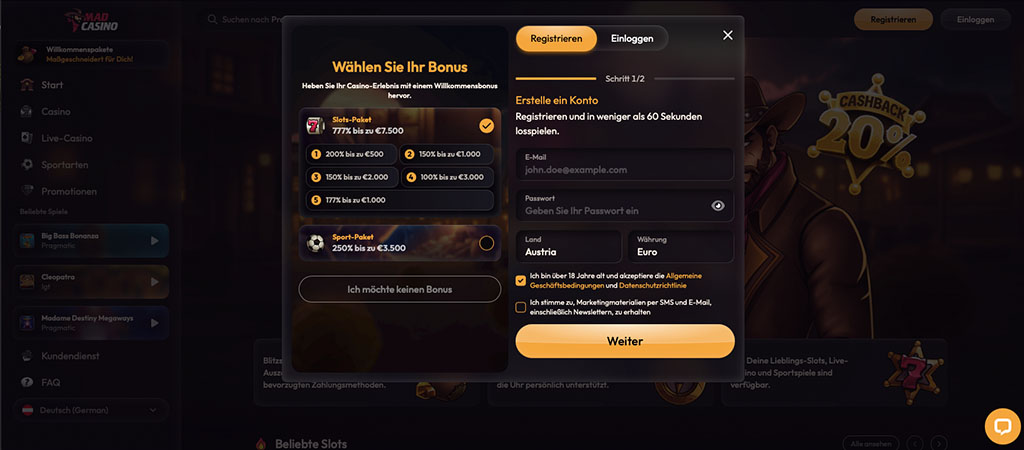 Mad Casino Anmeldung, Bonusauswahl, Slots-Paket bis zu 7.500€, E-Mail und Passwortfeld, Länderauswahl, Weiter-Button