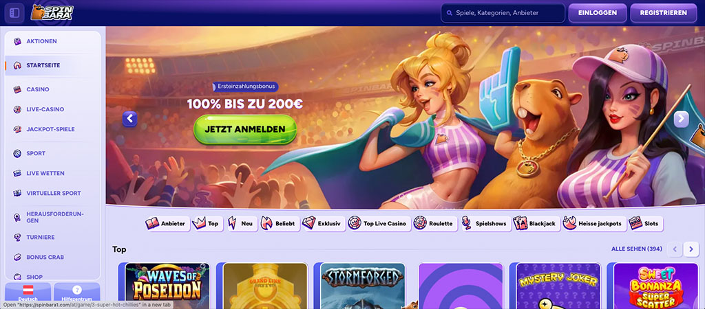 Online Kasino-Startseite, SpinBara Casino, Banner mit Willkommensbonus, Menü, Sportwetten, Casino, Live-Casino, Registrierung