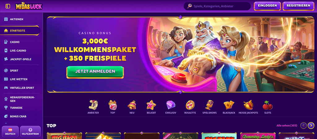Online Kasino, Midas Luck, Willkommensbonus, Freispiele, Casinobonus-Banner, Götter auf dem Bild, Einloggen, Registrieren