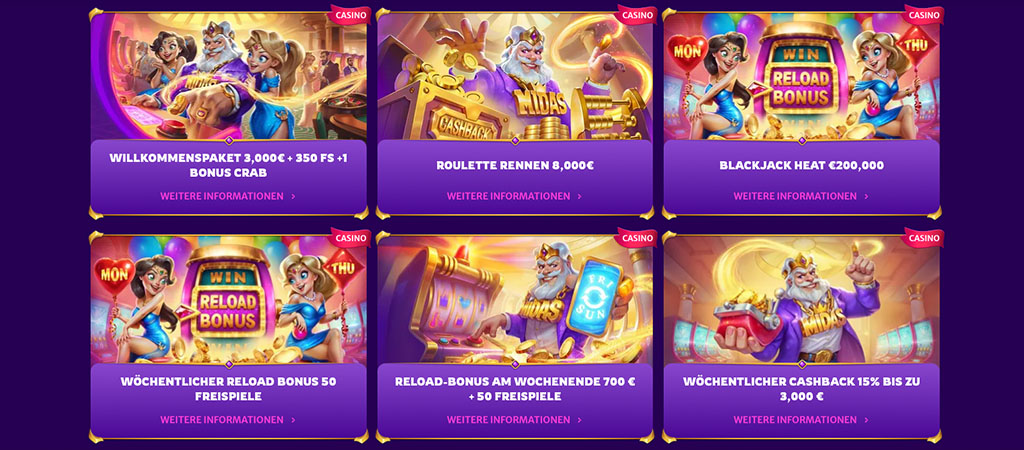Casinobonus-Aktionen, Willkommenspaket, Roulette-Rennen, Blackjack-Hitze, wöchentlicher Reload-Bonus, wöchentlicher Cashback