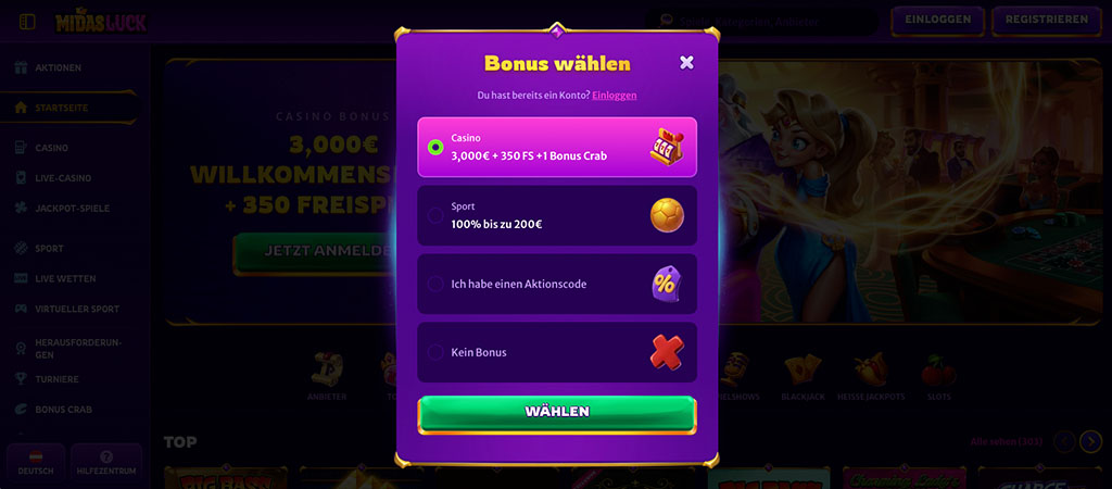 Pop-up-Fenster, Bonus auswählen, Casino, Sport, Aktionscode, kein Bonus, Anmeldebonus, Anmeldeformular