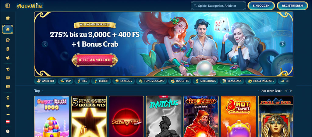 Online Kasino, Aquawin, Willkommenspaket, 275% Bonus, Freispiele, Bonus Crab, Meerjungfrauen, Live Casino, Glücksspiel