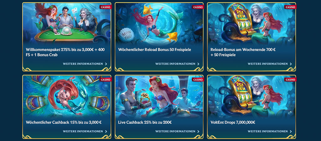Online Kasino, Willkommenspaket, wöchentlicher Reload Bonus, Cashback, Freispiele, Bonus Crab, Meerjungfrauen, Glücksspiel