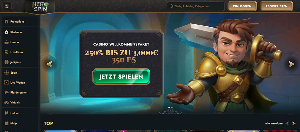 Online-Casino, Glücksspiel, HeroSpin, Willkommenspaket, Casino-Website, Werbung, Videospiel-Thema, Fantasy, Held, Jackpot