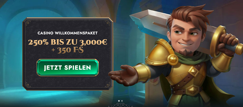 Casino-Bonus, HeroSpin, Willkommenspaket, Online-Glücksspiel, Ritter, Fantasy-Held, Schwert, Goldene Rüstung, 350 Freispiele