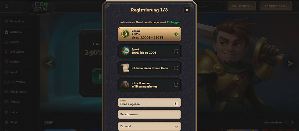 Casino-Registrierung, Registrierungsformular, Online-Glücksspiel, HeroSpin, Dateneingabe, Konto erstellen, Willkommensbonus