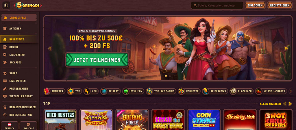 5Gringos Casino Startseite, Willkommensbonus, Freispiele, Menü links, Login Registrieren oben, Spiele Symbole