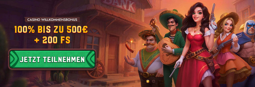 Online Casino Willkommensbonus, 200 Freispiele, Cartoon Figuren mit Instrumenten und Waffen, Button Jetzt teilnehmen