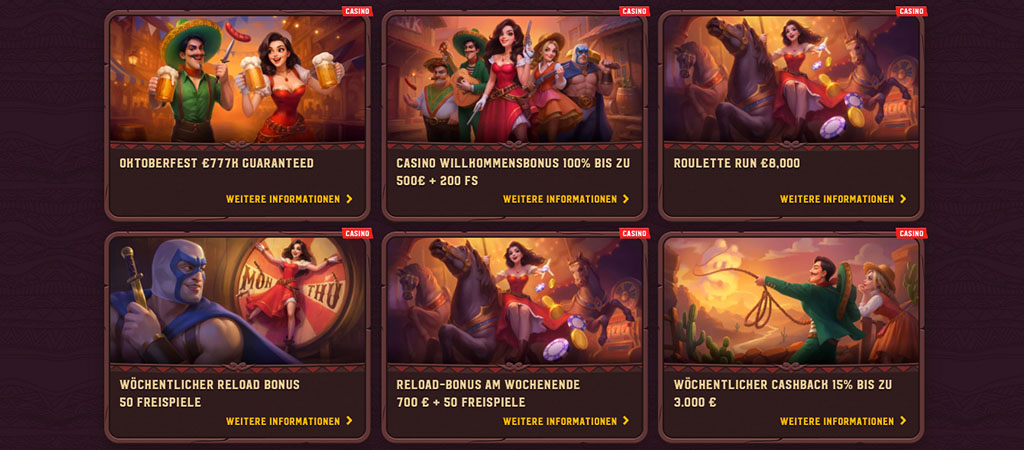 5Gringos Online Casino Aktionen, Oktoberfest Bonus, Willkommensbonus, Freispiele, Roulette Run, wöchentlicher Reload Bonus