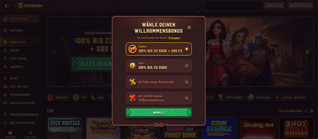 Online Casino Registrierungsbildschirm, Auswahl Willkommensbonus, 200 Freispiele, Promocode Option