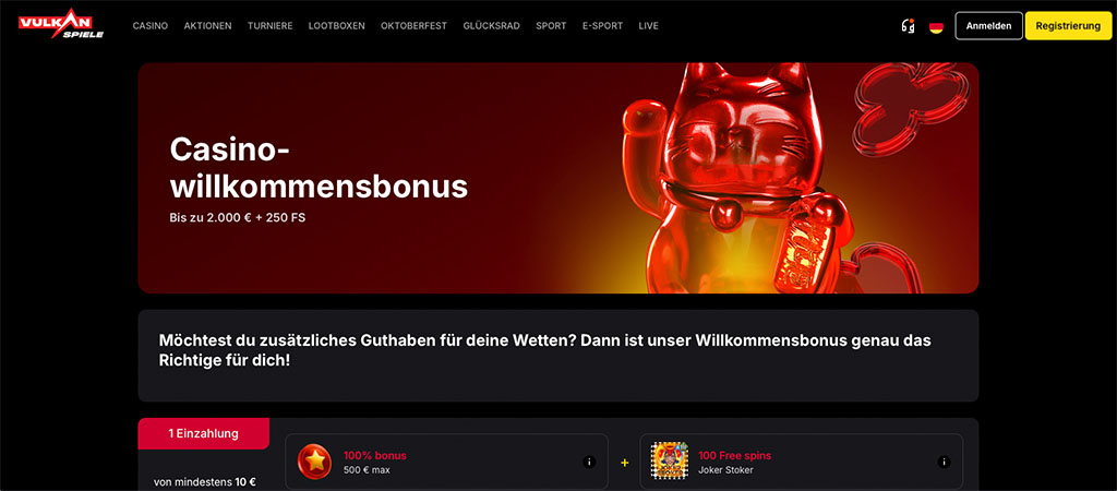 Vulkan Spiele Casino Homepage, winkende Maneki-neko Katze, Willkommensbonus bis 2000 Euro, Menüleiste, Einzahlungsdetails