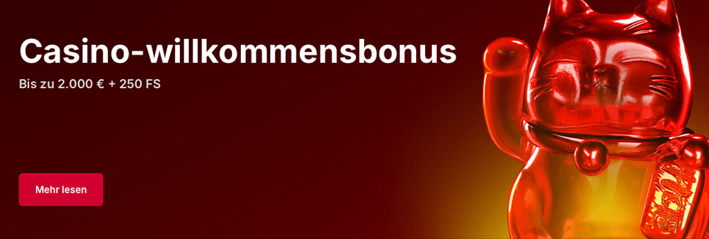 Casino-Willkommensbonus Banner, roter Hintergrund, glänzende rote Maneki-neko Katze, Bonus bis 2000 Euro, 250 Freispiele