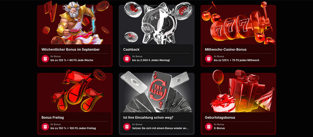 Vulkan Vegas Casino Aktionsseite, sechs Bonusangebote, wöchentlicher Bonus, Cashback, Mittwoch-Bonus, Bonus Freitag, Zeus