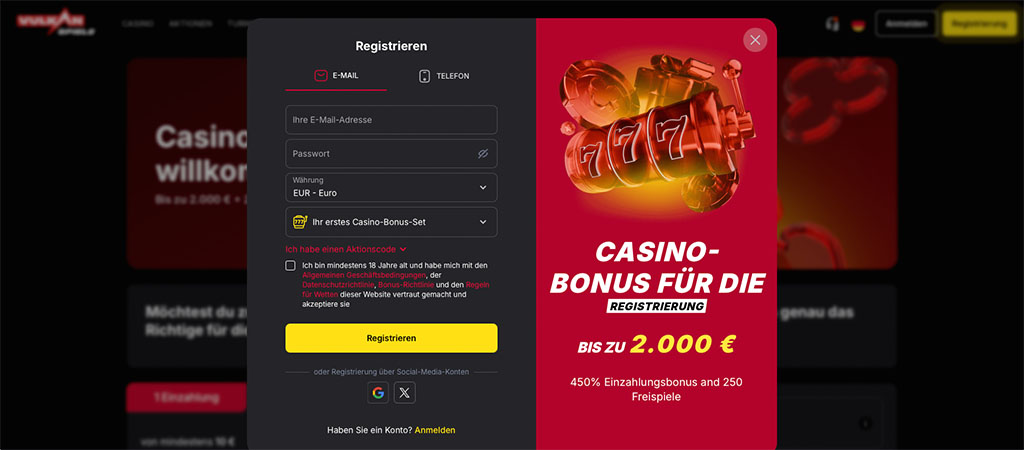 Vulkan Vegas Casino Registrierungsformular, Konto erstellen, E-Mail und Passwort, Währung EUR, Casino-Bonus bis 2000 Euro