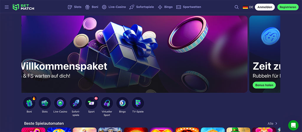 Online Casino Startseite, BetMatch, Willkommenspaket Banner, Geschenkbox mit Chips, Navigation Slots, Boni, Live-Casino