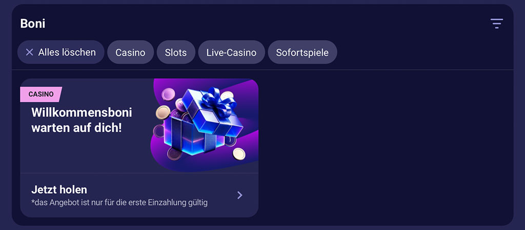 Casino Bonus Seite, Willkommensbonus Banner, Geschenkbox mit Chips, Text Willkommenboni warten auf dich, Button Jetzt holen