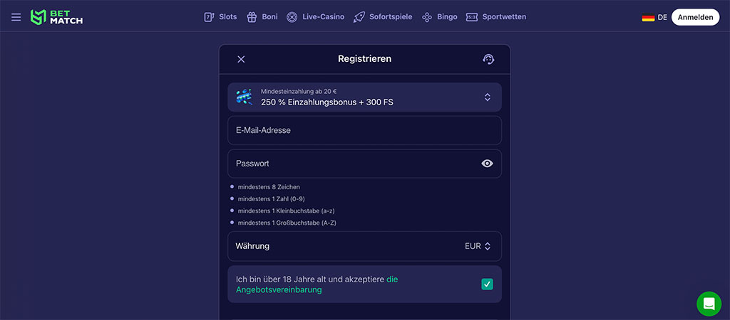 Registrierungsseite, BetMatch Casino, Eingabefelder E-Mail und Passwort, Bonusangebot 250% + 300 Freispiele, Währungsauswahl