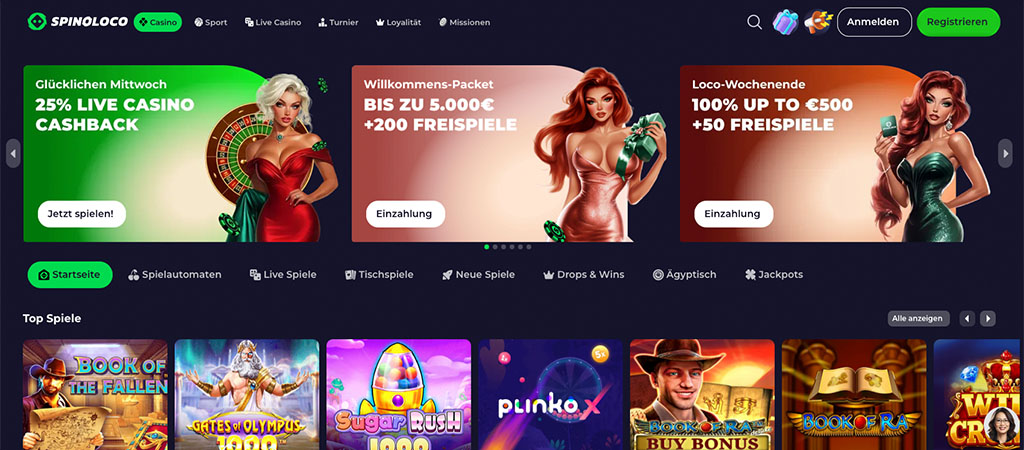 Spinoloco Casino Startseite, Banner mit Willkommenspaket bis zu 5000€ + 200 Freispiele, Promotionen Cashback und Bonus