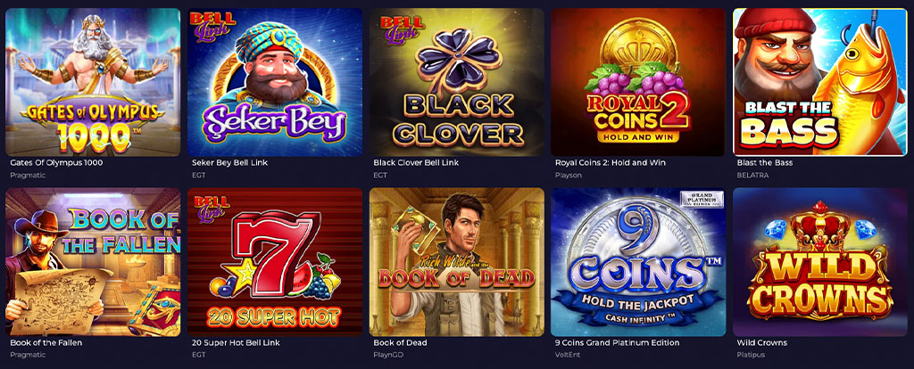 Spinoloco Casino Spiele, Slot-Icons, Gates of Olympus, Şeker Bey, Black Clover, Royal Coins 2, Blast the Bass, 20 Super Hot