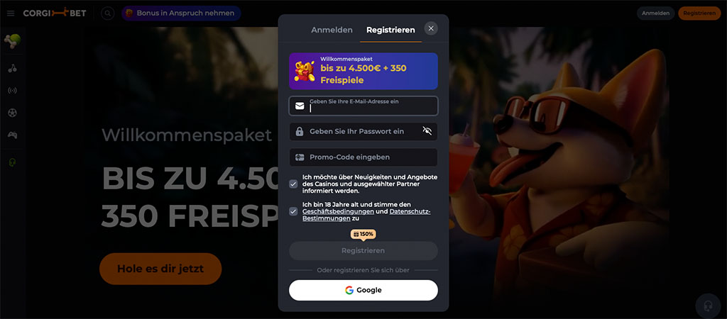 CorgiBet Registrierung, Willkommensbonus, bis zu 4500 € und 350 Freispiele, Anmeldeformular, E-Mail, Passwort, Promo-Code