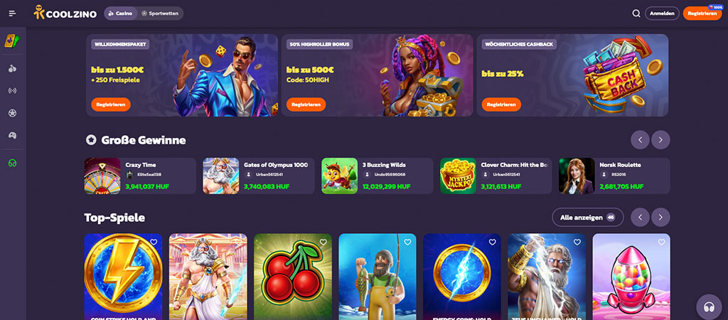 Online-Casino, Coolzino, Willkommenspaket Freispiele, Highroller-Bonus, Cashback bis zu 25 %, Top-Spiele, große Gewinne