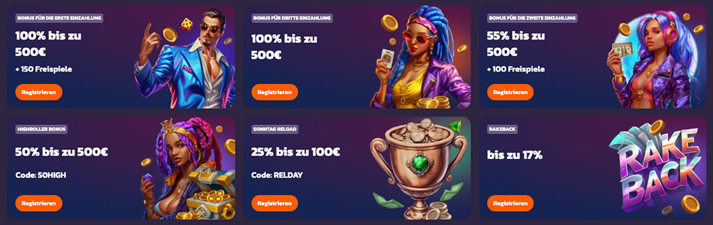 Coolzino Casino Boni, Willkommensbonus, Einzahlungsbonus, Highroller Bonus, Sonntag Reload, Rakeback, Freispiele
