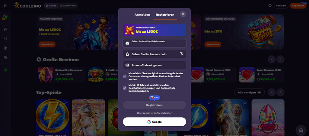 Coolzino Registrierung, Willkommensbonus, Anmeldeformular, E-Mail, Passwort, Promo-Code, Online-Casino, Anmeldung