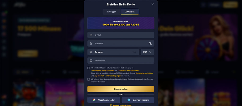Registrierungsprozess, Gangsta Casino, Österreichische Online Casino