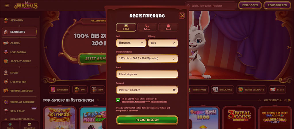 Magius Online Casino Spielauswahl und Anbieter