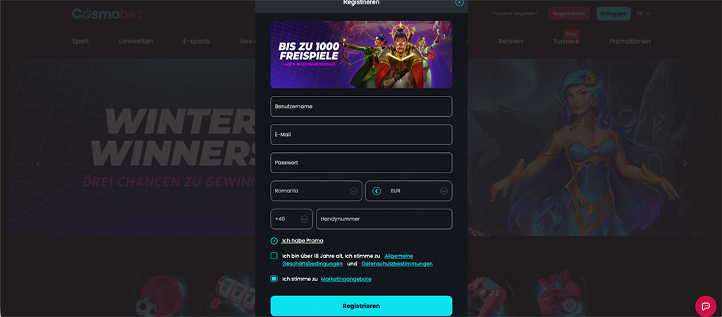 Registrierung bei Cosmobet Casino Österreich