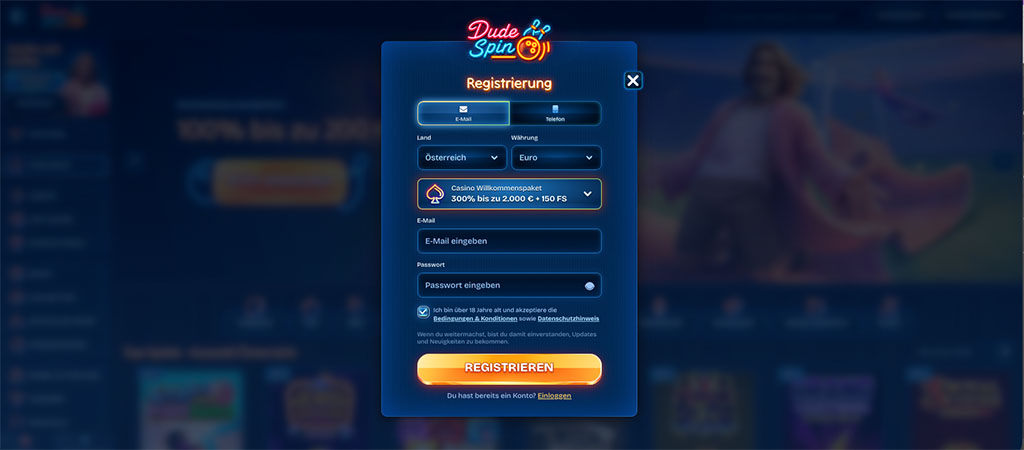 Registrierung und Anmeldung bei Dudespin Österreich