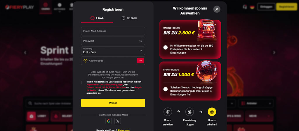 Registrierung bei FieryPlay Casino im 5 Schritte