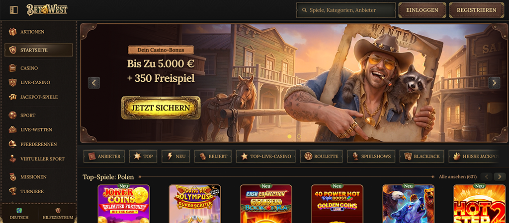 BetWest, Casino Österreich, Bonus, Freispiele, Wild West, Cowboy, Spielautomaten, Roulette, Blackjack, Registrieren