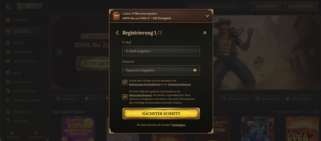 Registrierung, Österreich, Online Casino, E-Mail, Passwort, Willkommenspaket, Konto erstellen, Bonus, Einloggen, BetWest