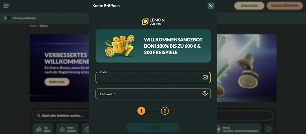 5-Schritte Registrierungsprozess bei Lemon Casino