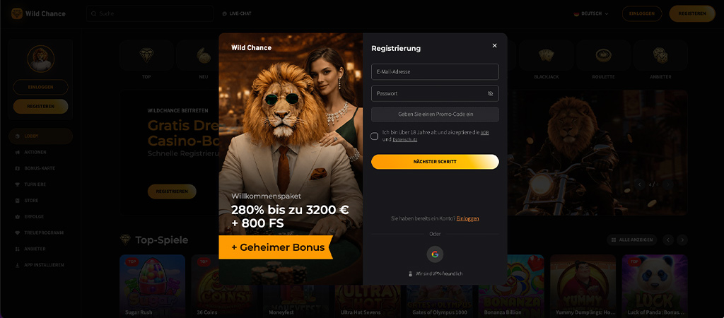 Registrierung bei Wild chance, online casino