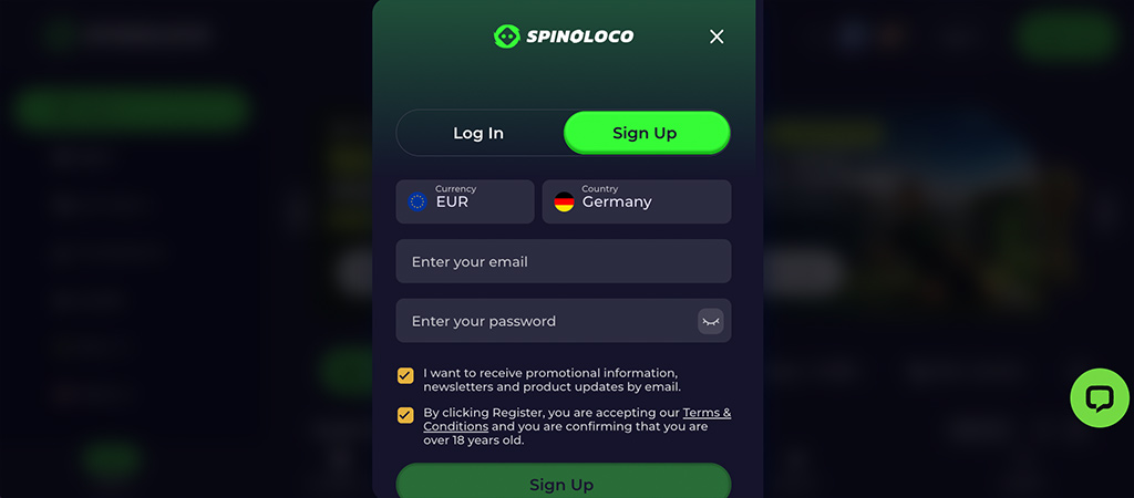 Registrierung bei Spinoloco, 5-Schritte Prozess