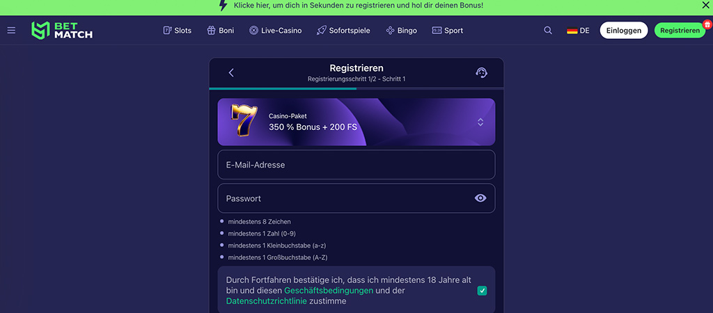 Registrierung bei Bet Match Casino, Österreichische Online Casinos