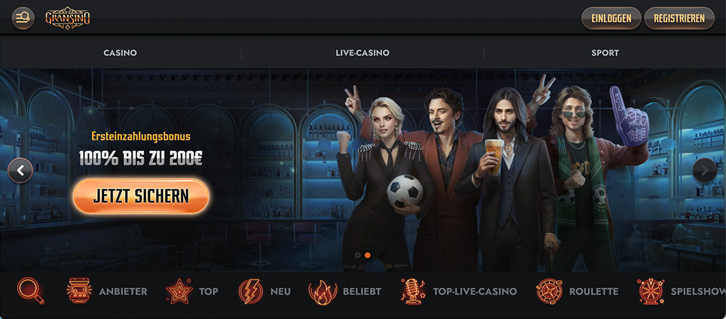 Gransino Online Casino Startseite, linkes Seitenmenü, 100 % Bonus bis 200 €, Jetzt anmelden Button, Spielsymbole